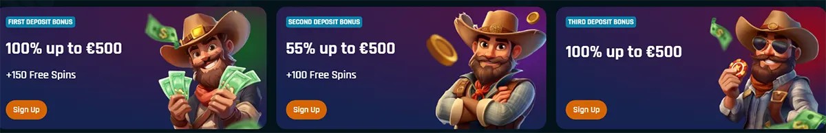 “RingoSpin bonuses section with three promo cards: first deposit 100% up to €500 + 150 free spins, second deposit 55% up to €500 + 100 free spins, and third deposit 100% up to €500, each with a ‘Sign Up’ button and a cowboy mascot with cash/coins.”