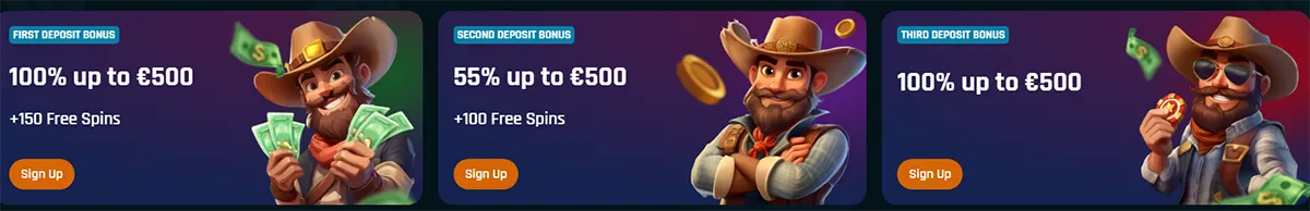 “RingoSpin bonuses section with three promo cards: first deposit 100% up to €500 + 150 free spins, second deposit 55% up to €500 + 100 free spins, and third deposit 100% up to €500, each with a ‘Sign Up’ button and a cowboy mascot with cash/coins.”