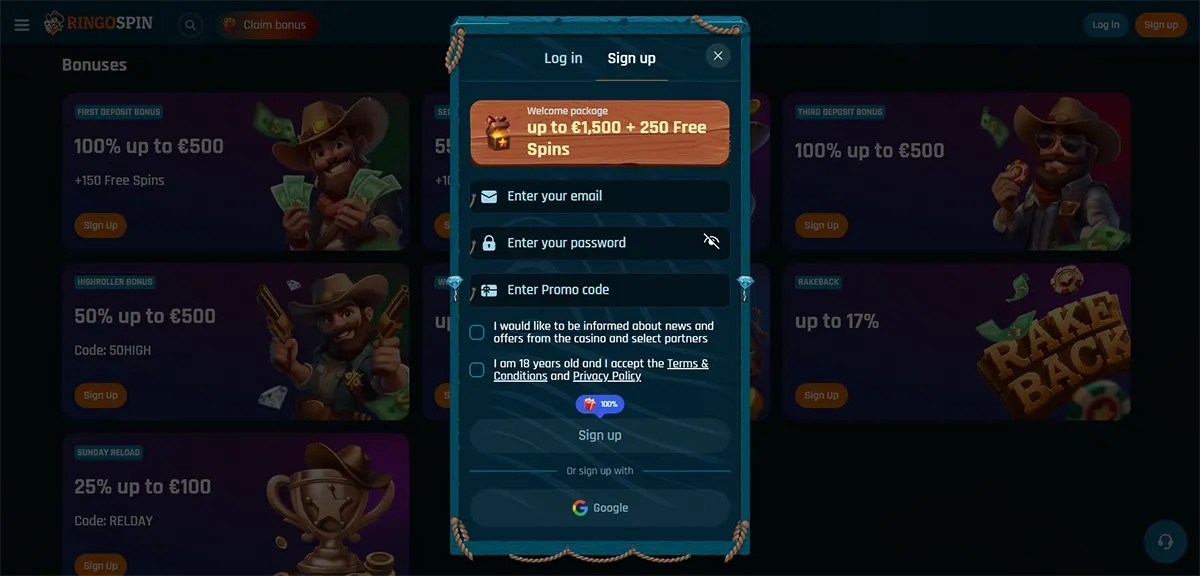 “RingoSpin sign-up pop-up over the Bonuses page, showing a ‘Welcome package up to €1,500 + 250 Free Spins’ banner with email, password and promo code fields, consent checkboxes, and a Google sign-up button.”