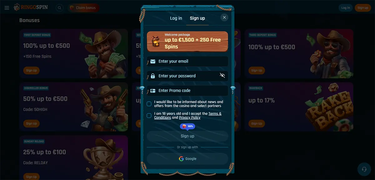 “RingoSpin sign-up pop-up over the Bonuses page, showing a ‘Welcome package up to €1,500 + 250 Free Spins’ banner with email, password and promo code fields, consent checkboxes, and a Google sign-up button.”
